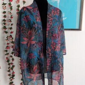 Floral Sheer Kimono Cardigan - Blue and Pink